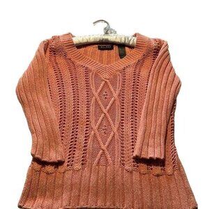 VTG Axcess Liz Claiborne Womens Knit Sweater L Peach Cable Pattern Rami Cotton